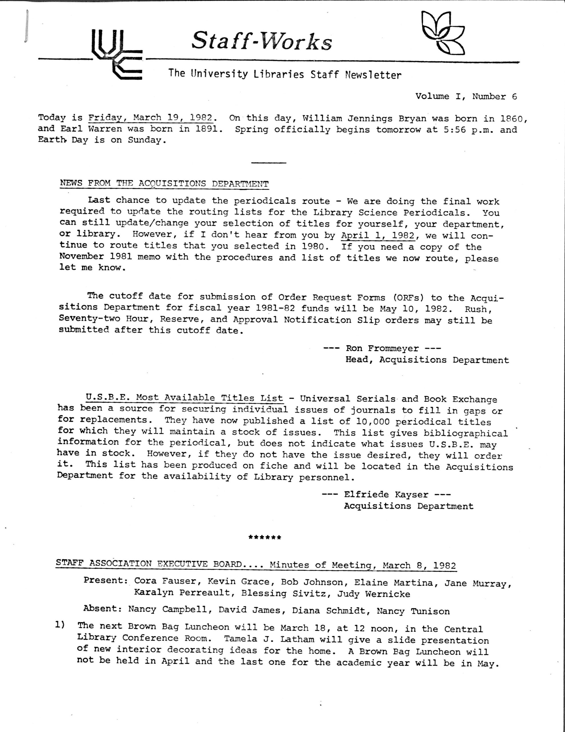 Scan of the March 19, 1982 University Libraries Staff Newsletter "Staff-Works" front page.