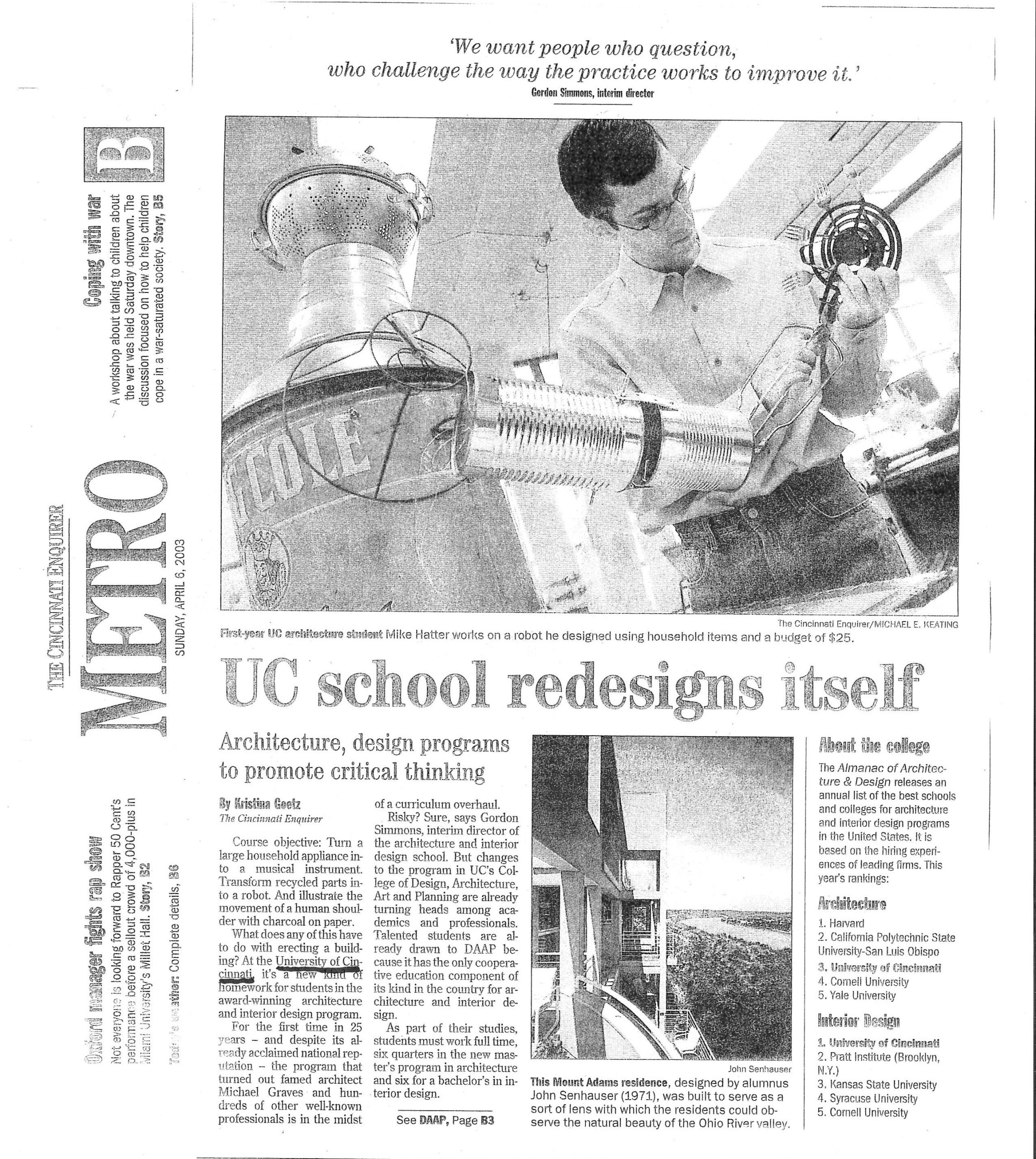 Copy of newspaper article from The Cincinnati Enquirer April 6, 2003 titled "UC school redesigns itself" about DAAP