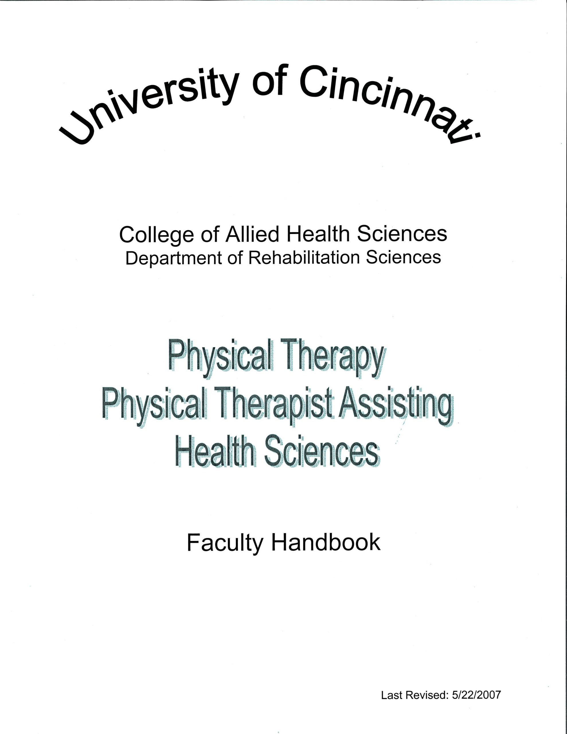 Scan of the Physical Therapy, Physical Therapy Assisting, and Health Sciences faculty handbook title page.