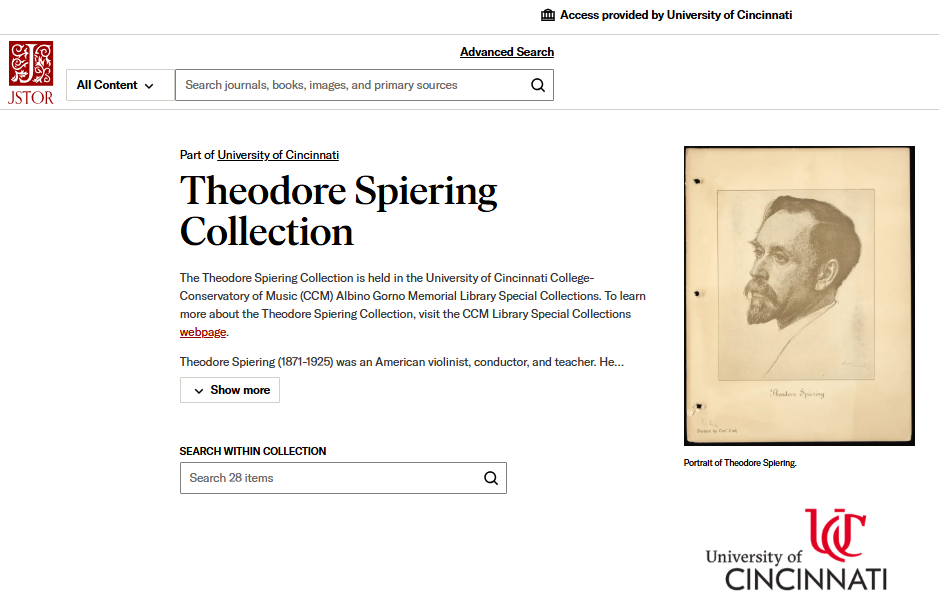 Screenshot of JSTOR landing page for the Theodore Spiering Collection