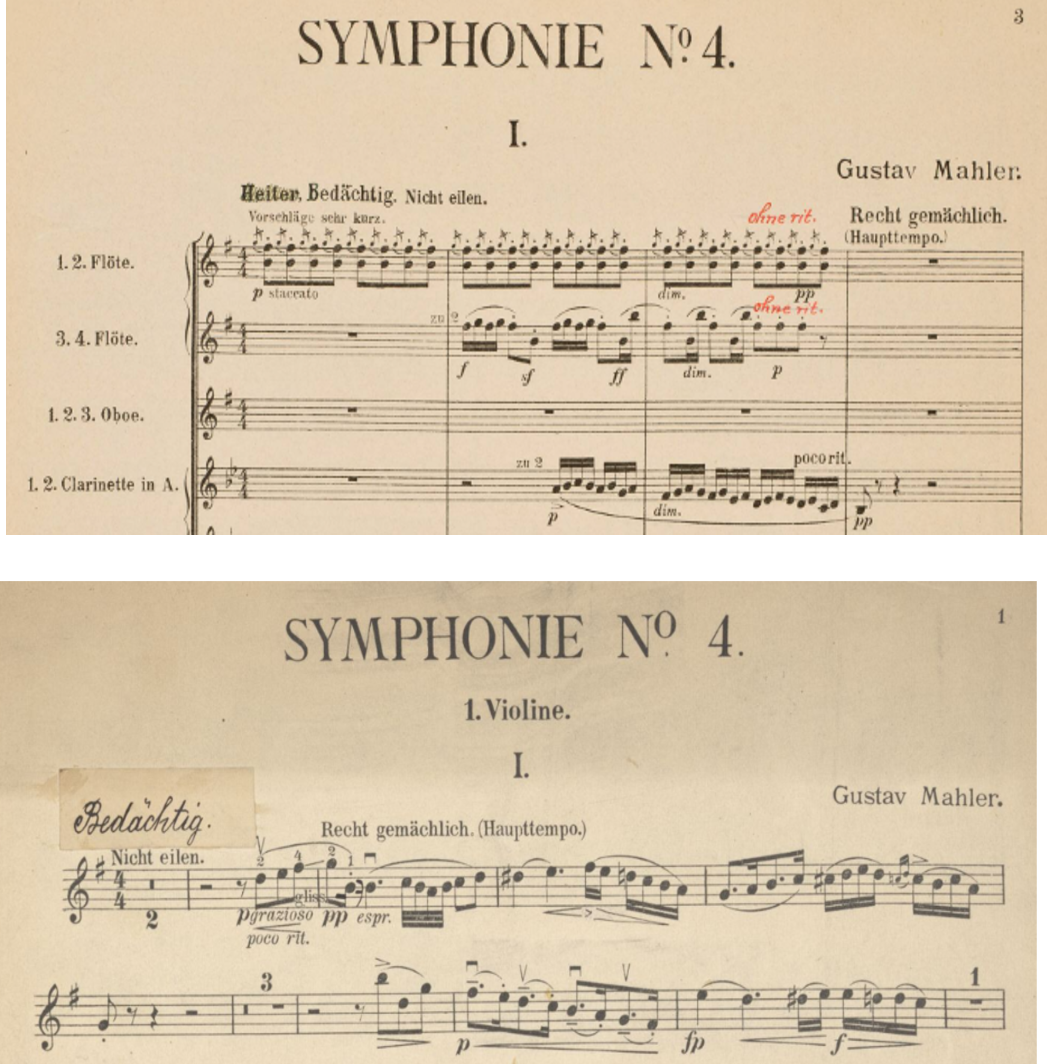 Excerpts of the score and violin part sheet music of Mahler Symphony Number 4