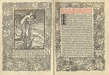 opening pages of a book printed by the Kelmscott Press showing an illustration on the left side and text on the right, both within decorative borders.