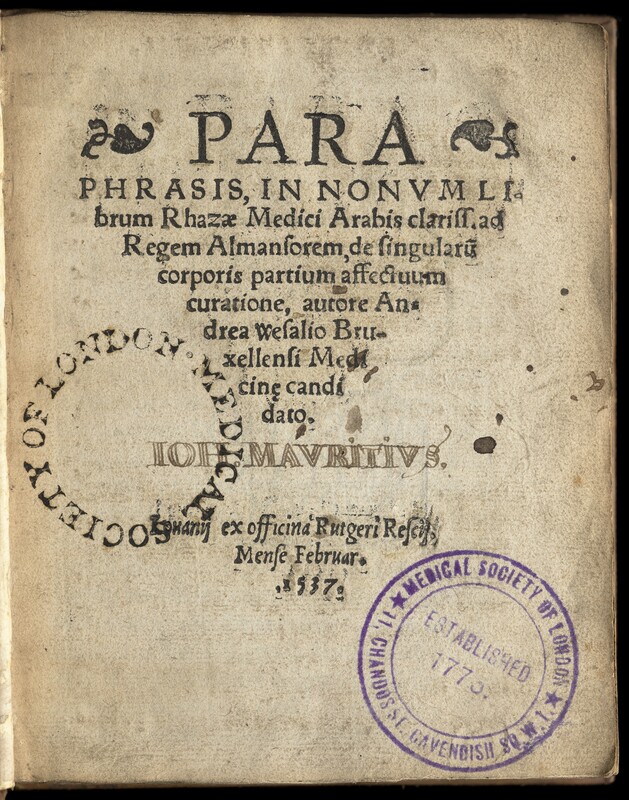 Title Page of Vesalius’s published thesis Paraphrase of the Ninth Book of Rhazes’ Almansor