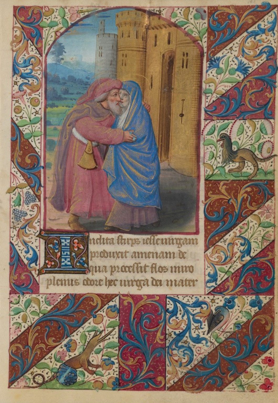 Book of Hours, French, late 15th century, egg tempera and gold on parchment, opening: Hours of Saint Anne (f. 140v.) and Joachim and Saint Anne Embracing at the Golden Gate (f. 141r). Archives and Rare Books.