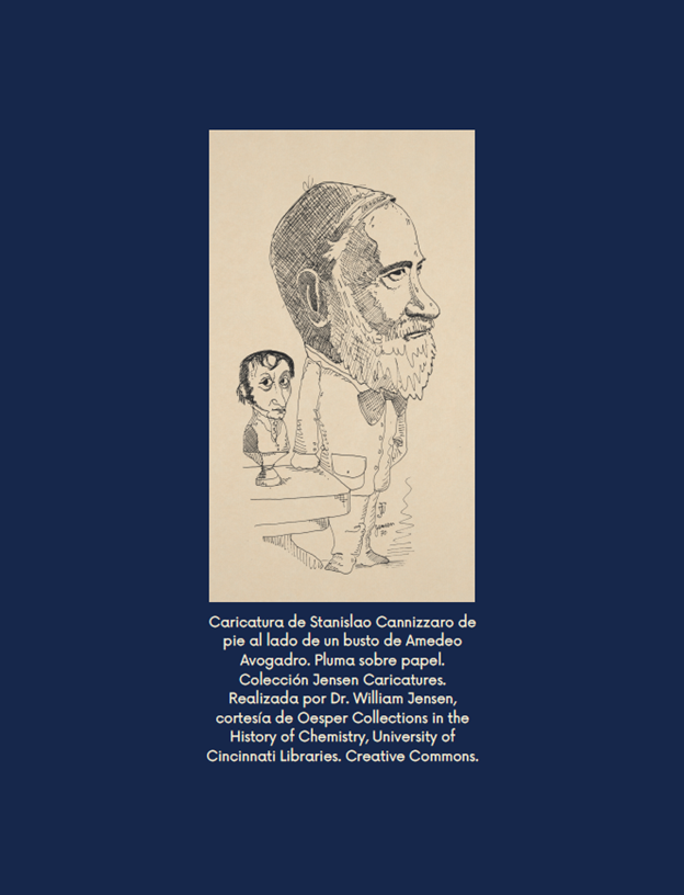 Jensen’s caricature of Stanislao Cannizzaro, featured on the back cover of the bulletin of El Club del Alambique.