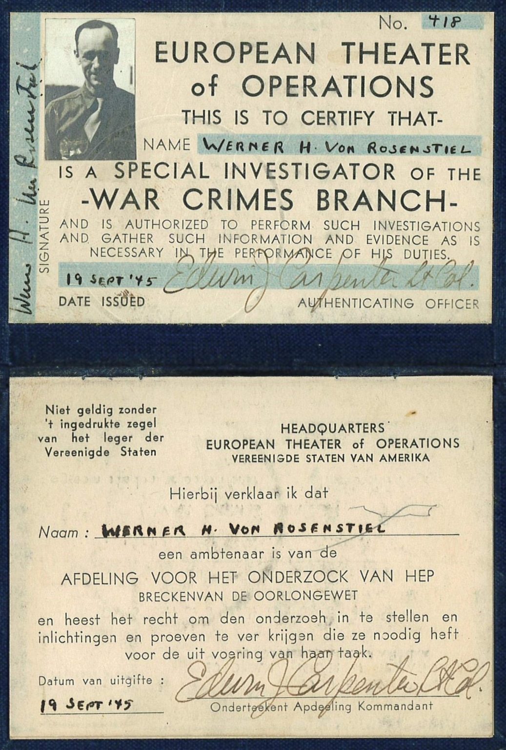 Von Rosenstiel’s War Crimes Branch investigator badge, 1945. From the Werner H. Von Rosenstiel papers at the Archives and Rare Books Library