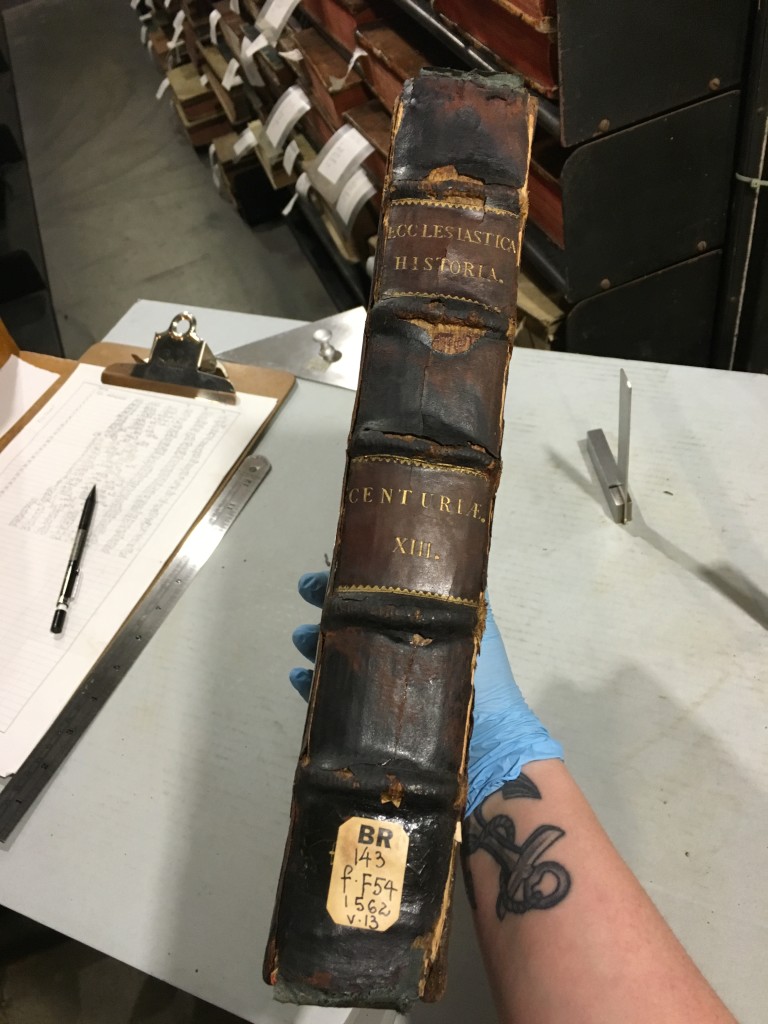 This full leather binding must have been fire damaged at some point. The leather on the spine was so fragile and would crack and break if you looked at it the wrong way.