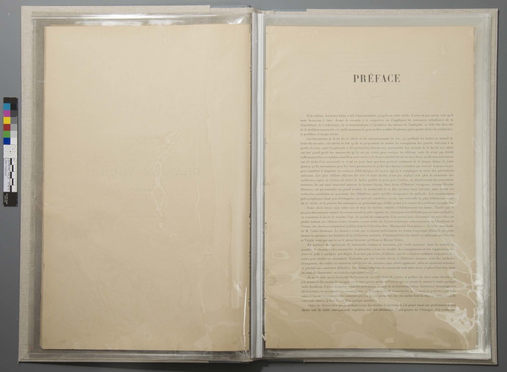 THE PRESERVATION LAB: A collaboration between the University of Cincinnati and the Public Library of Cincinnati and Hamilton County Object Institution & Library: UC, Classics CALL #: Z114 .C46 v.1 SUBJECT: Oversized leather half bindings with paleography plates DATABASE ID: 765 ITEM #: i22790160 TREATMENT ID: 155 LIGHTING: EcoSmart 27-Watt (100W) Full Spectrum Craft CFL Fluorescent FILTER(s): none COMMENTS: Volume 1 (item record #: i22790160, database #: 765, treatment ID: 155) and Volume 2 (item record #: i22790172, database #: 764, treatment ID: 156) were both treated in similar manners - disbound, surface cleaned, text -washed, text encapsulated with hollytex hinge and bound, and plates guarded, resewn, and bound into a split board binding. Both the text & plates for each volume were boxed together in identical corrugated clamshell boxes. CREATOR: Jessica Ebert WEBSITE: thepreservationlab.org