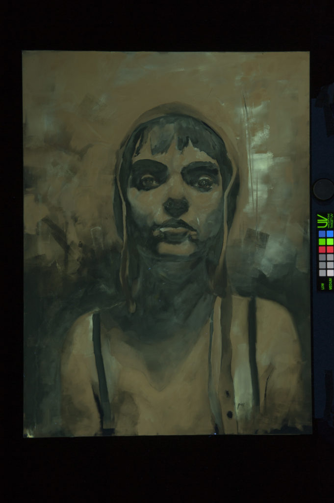 This is an image of a painting of a young woman done in a variety of white pigments. The image depicts the painting under ultraviolet radiation. This particular painting was painted by the artist under UV radiation, so it is not until it exposed to UV radiation that the viewer is able to see the full extent of the detailed work.