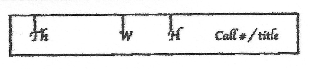A paper guide for measuring a tux box, includes height, thickness and width.  Plus name of book and call#