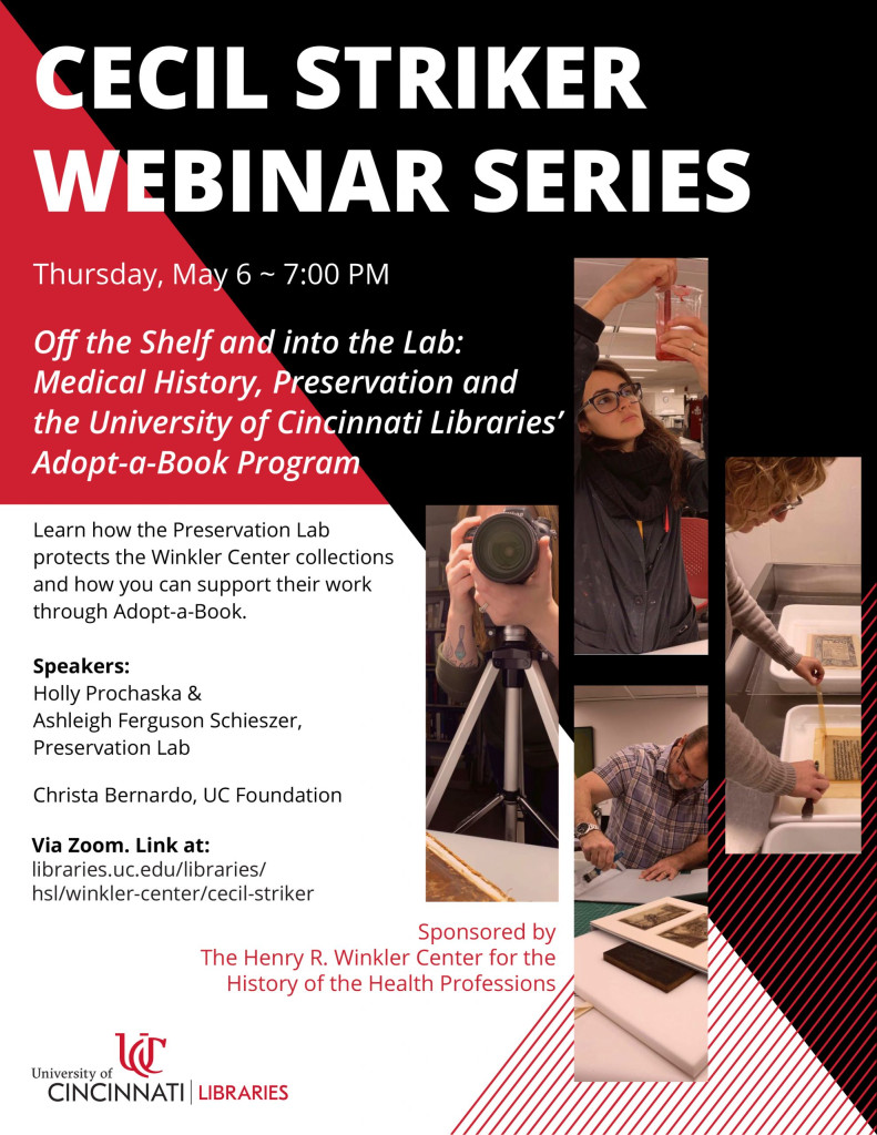 Poster of the Cecil Striker Lecture Series featuring Preservation Lab staff in action.
