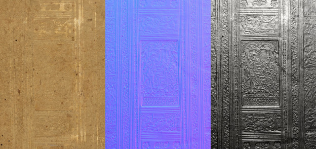 This is a composite of three RTI generated images. The left is the default mode, the center is the Normals Visualization mode and the right is specular enhancement mode.