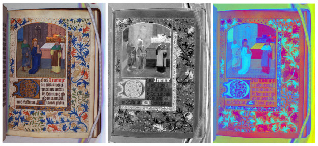 Composite image of multispectral imaging of an illuminated plate from a Book of Hours.