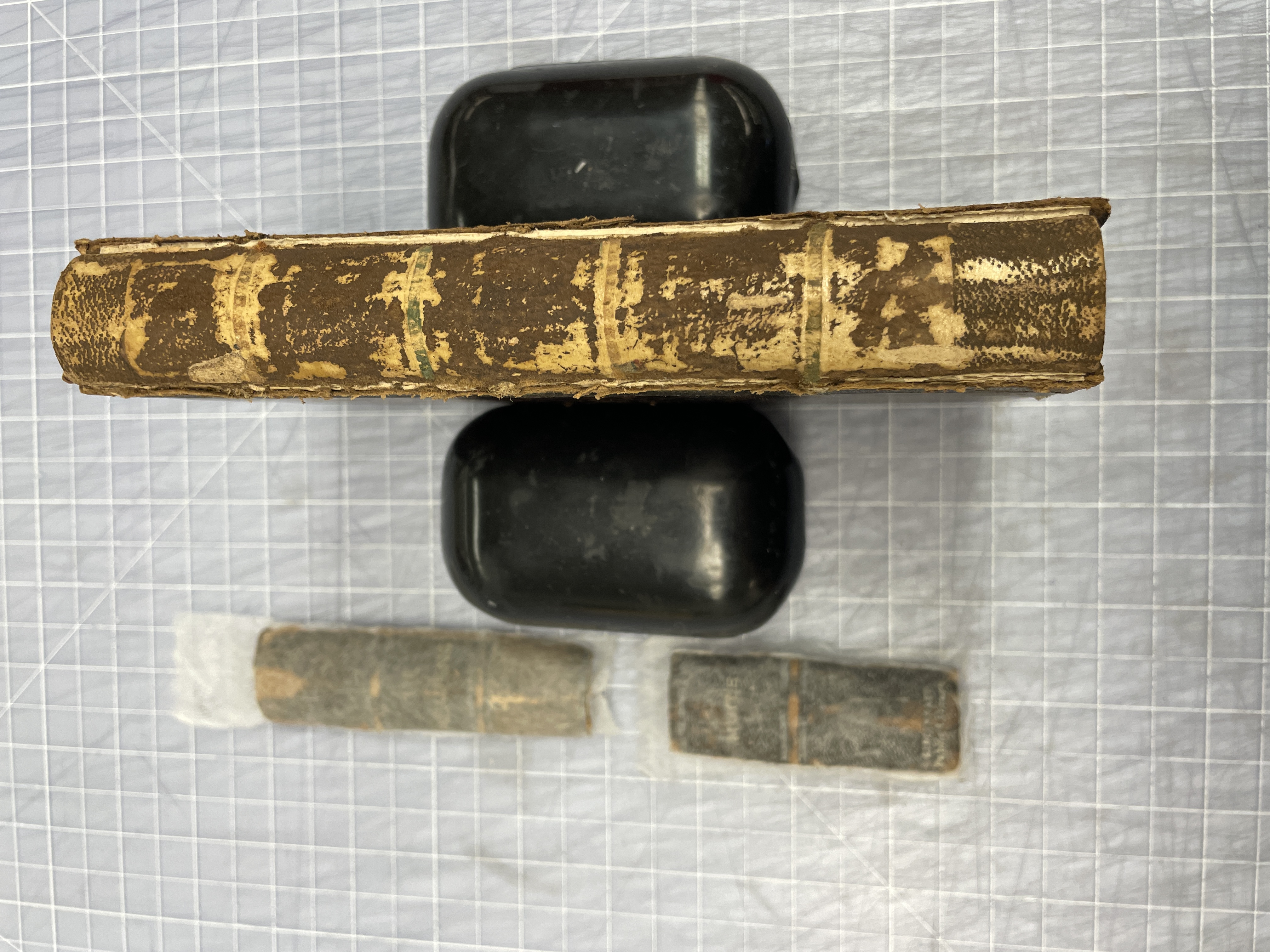 Leather spine removed and placed next to the book