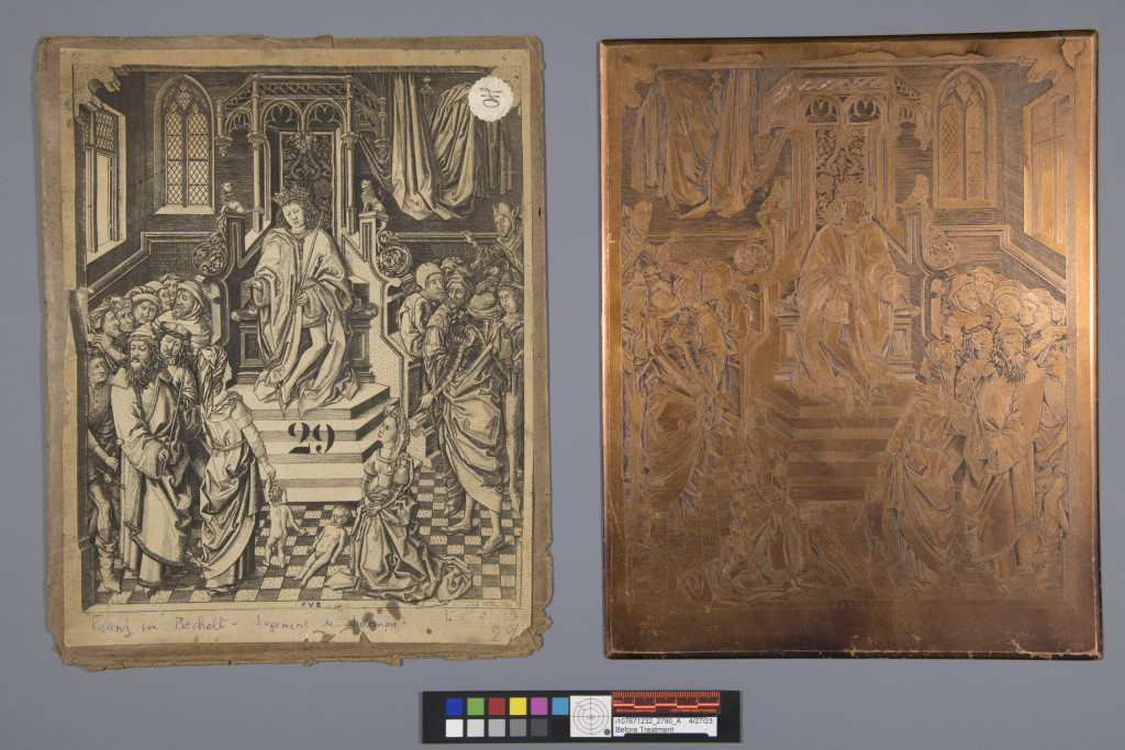 Image of print on the left and the copper plate on the right, with a photography target below