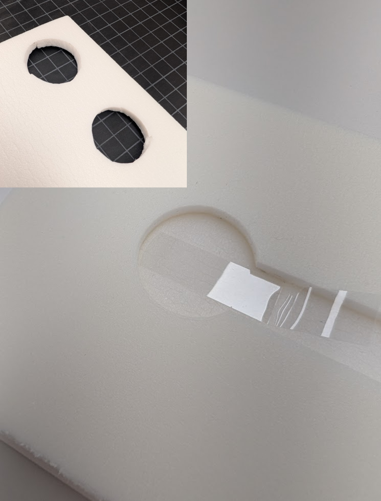 Two images - a hand cut circle into foam and a circle cut with the Hercules foam cutter.