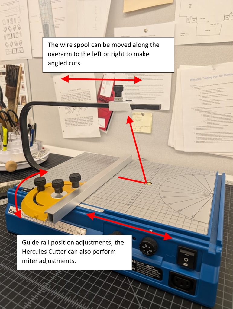Image of Hercules foam cutter with adjustments labeled.