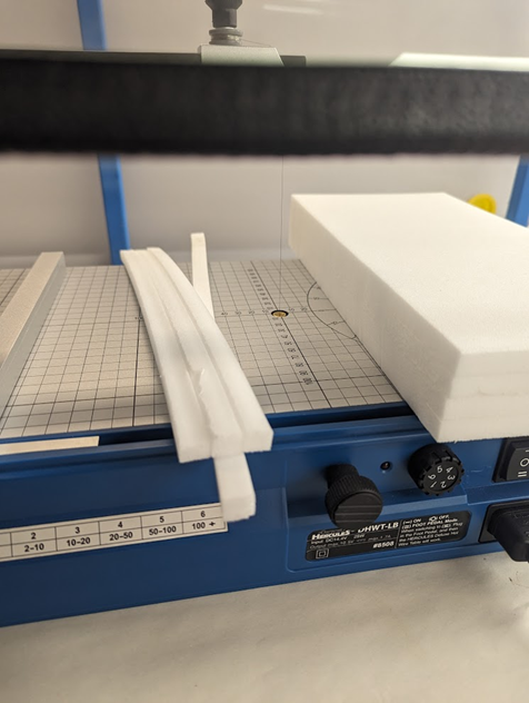 Image of a cleanly cut block of Plastazote using the Hercules foam cutter.