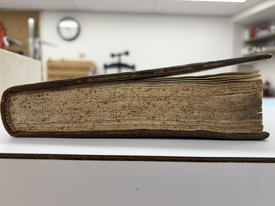 Image of a leather bound book that has deformed into a wedge shape.