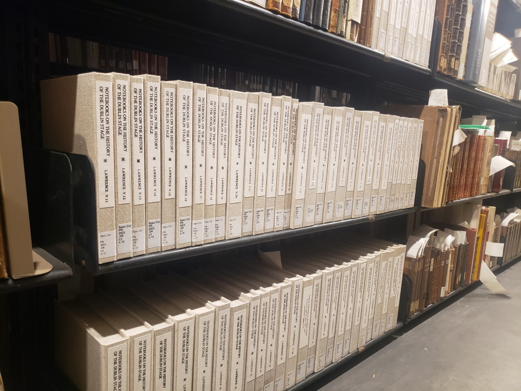 View of the boxes containing the notebooks lined up on the library shelves.