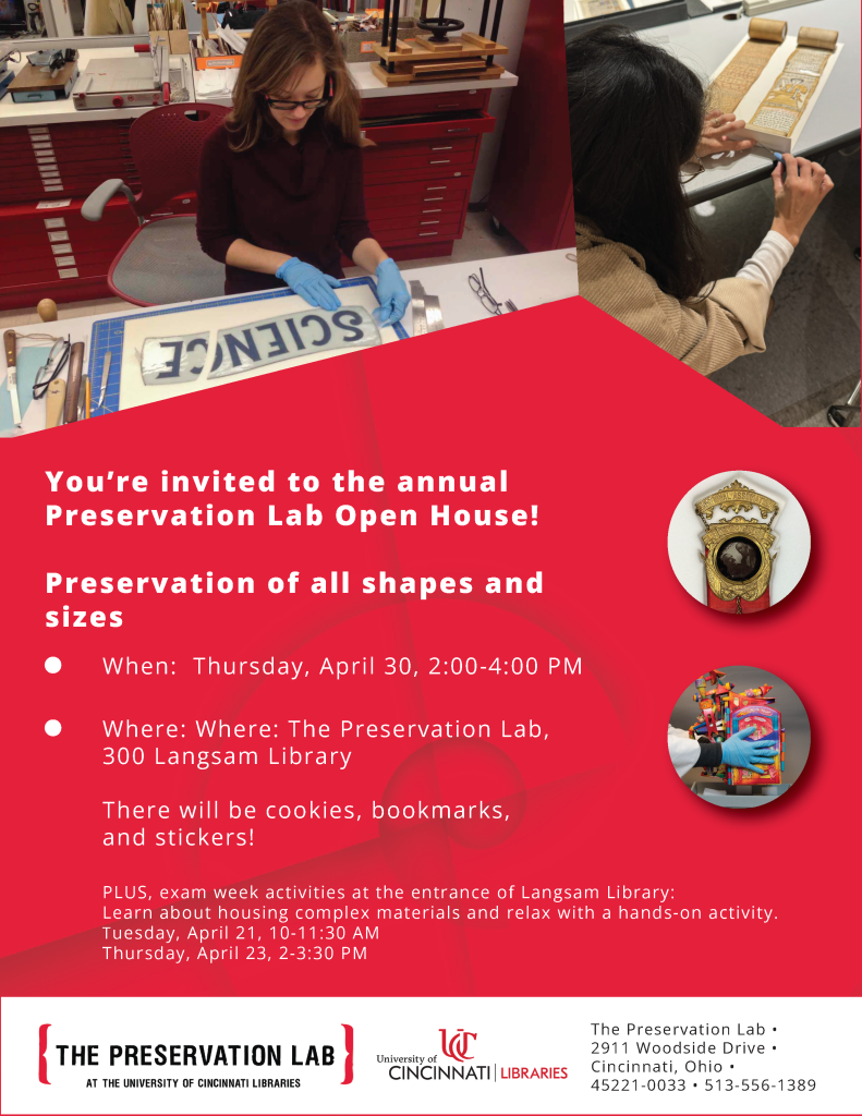 Flyer with images of conservators working on various objects and information about the open house on April 30th, 2026.