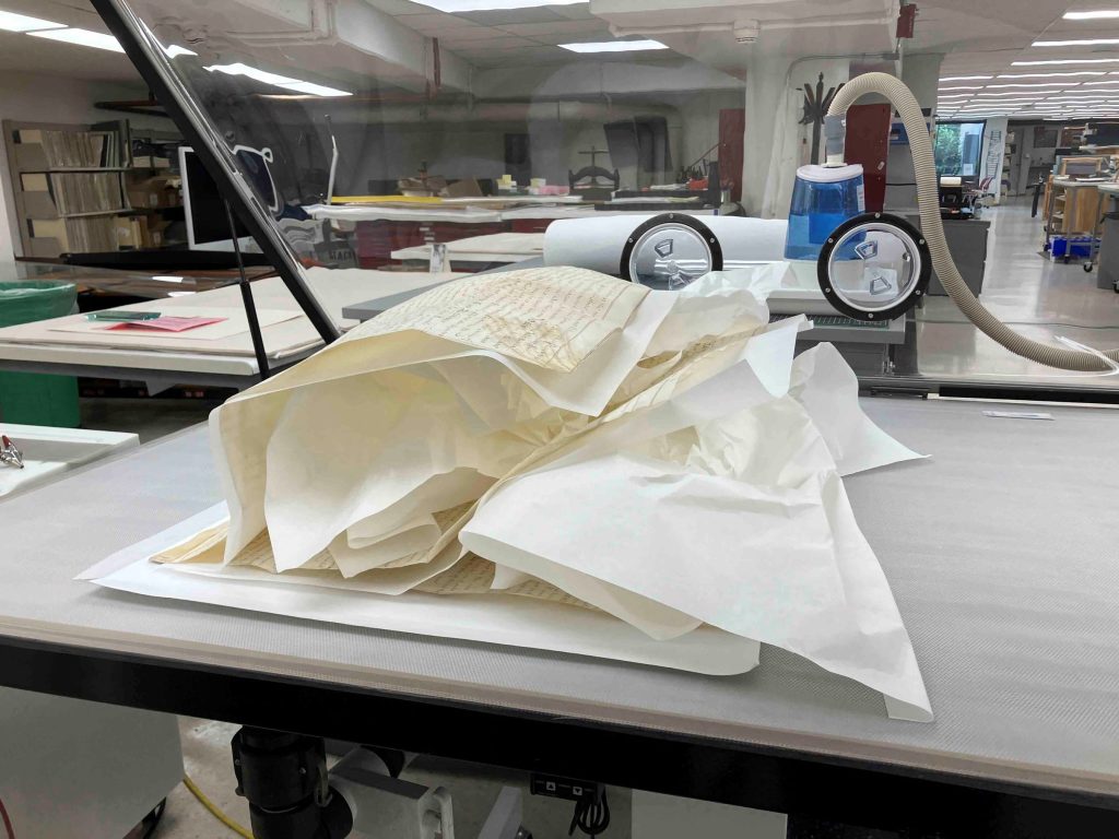 View of the three leaf parchment document, supported by interleaving to allow for air flow during humidification. 