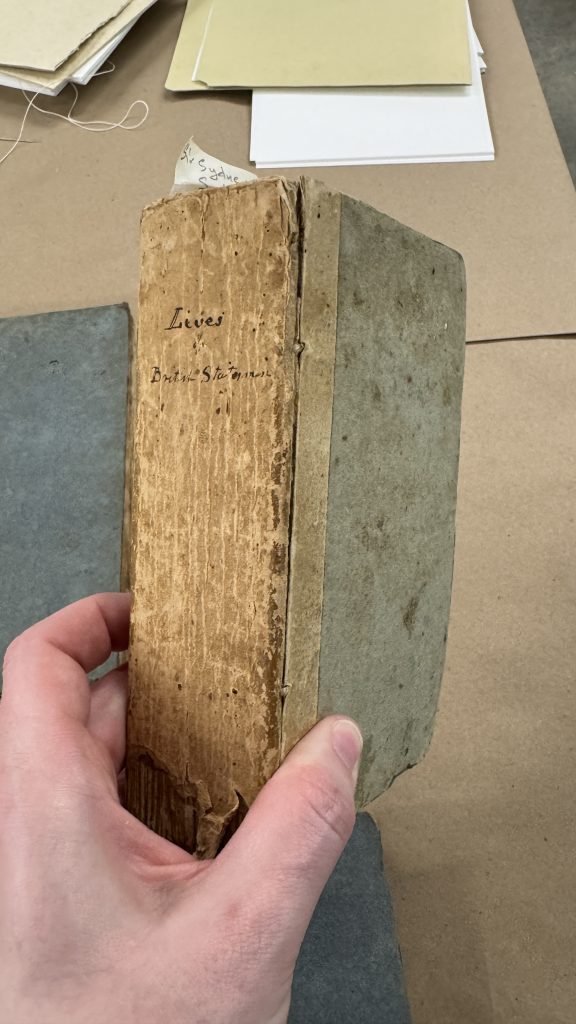 19th century boarded binding book with handwritten ink title on the paper spine.