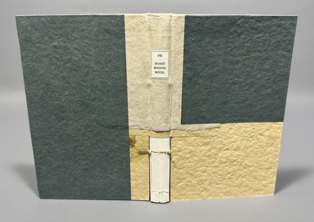Boarded binding cutaway model with tan paper along the spine and a dark blue paper covering the boards, although only partially on the front cover.
