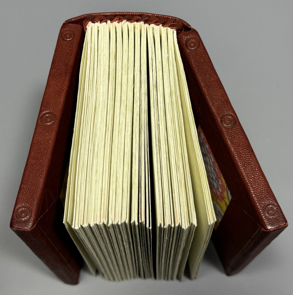 View of leather bound book highlighting the top edge of the text block, blind tooled board edges with small circles and the leather headband.