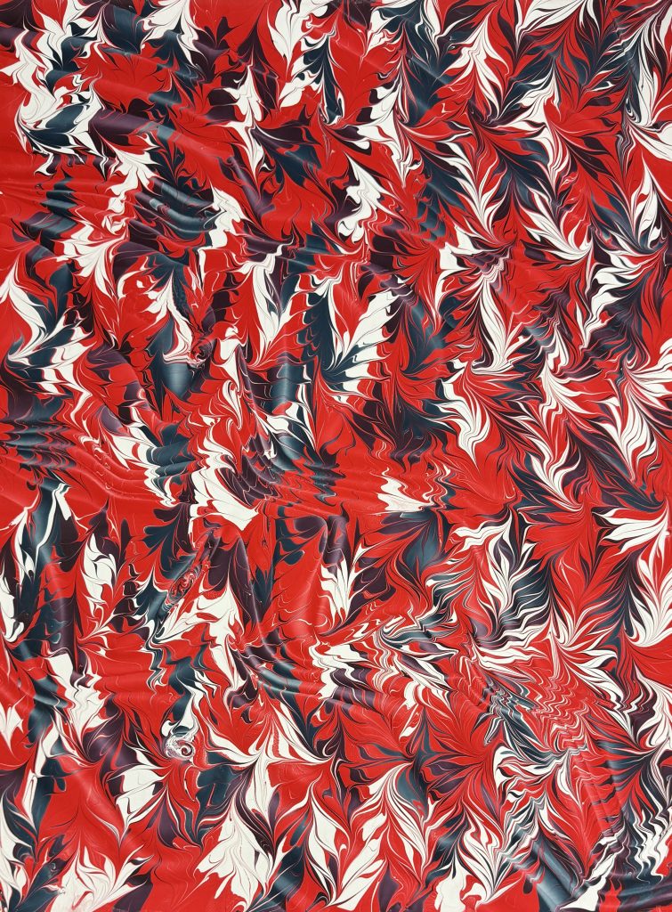 Octopus with Moire Spanish wave in shades of red, navy, mauve, and white.