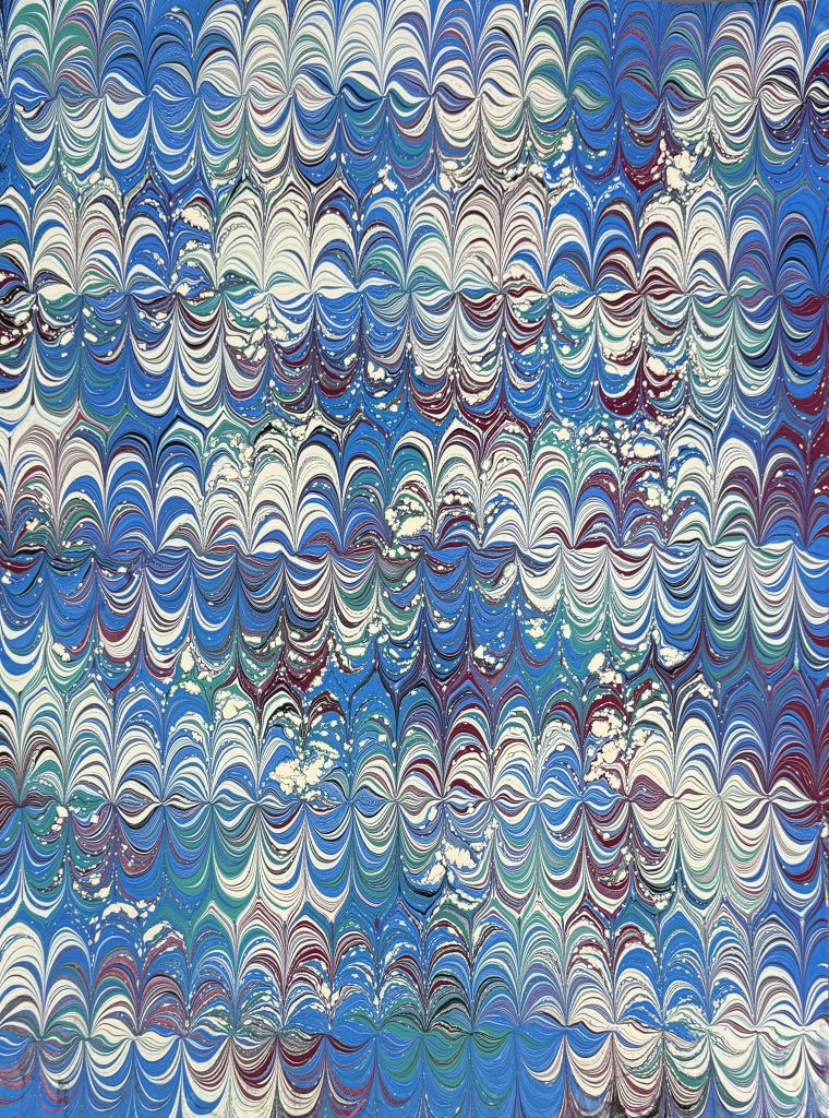 Chrysanthemum pattern featuring shades of blue, white, teal, and purple.
