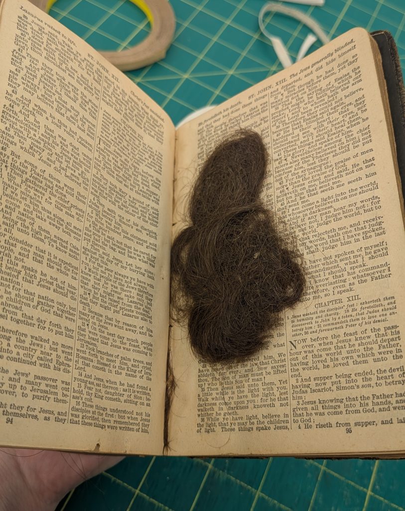 Large clump of hair within the bible's pages.