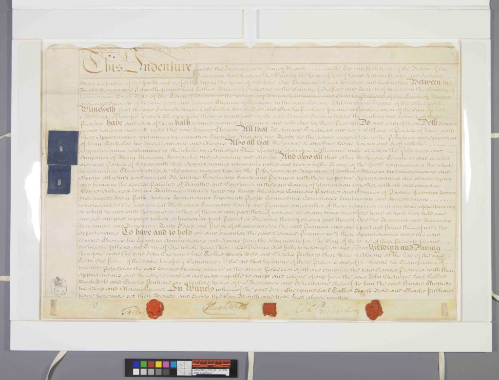Multi-leaf parchment document in matting system with sink mat and polyester sling.