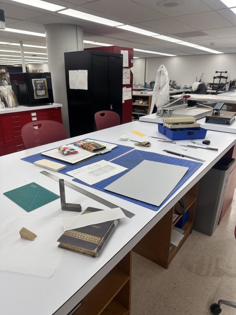 Student conservation bench with tools, books, and an enclosure being made.