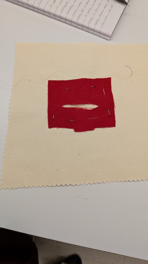 Red torn fabric with tiny, threaded needle as focal point in image.